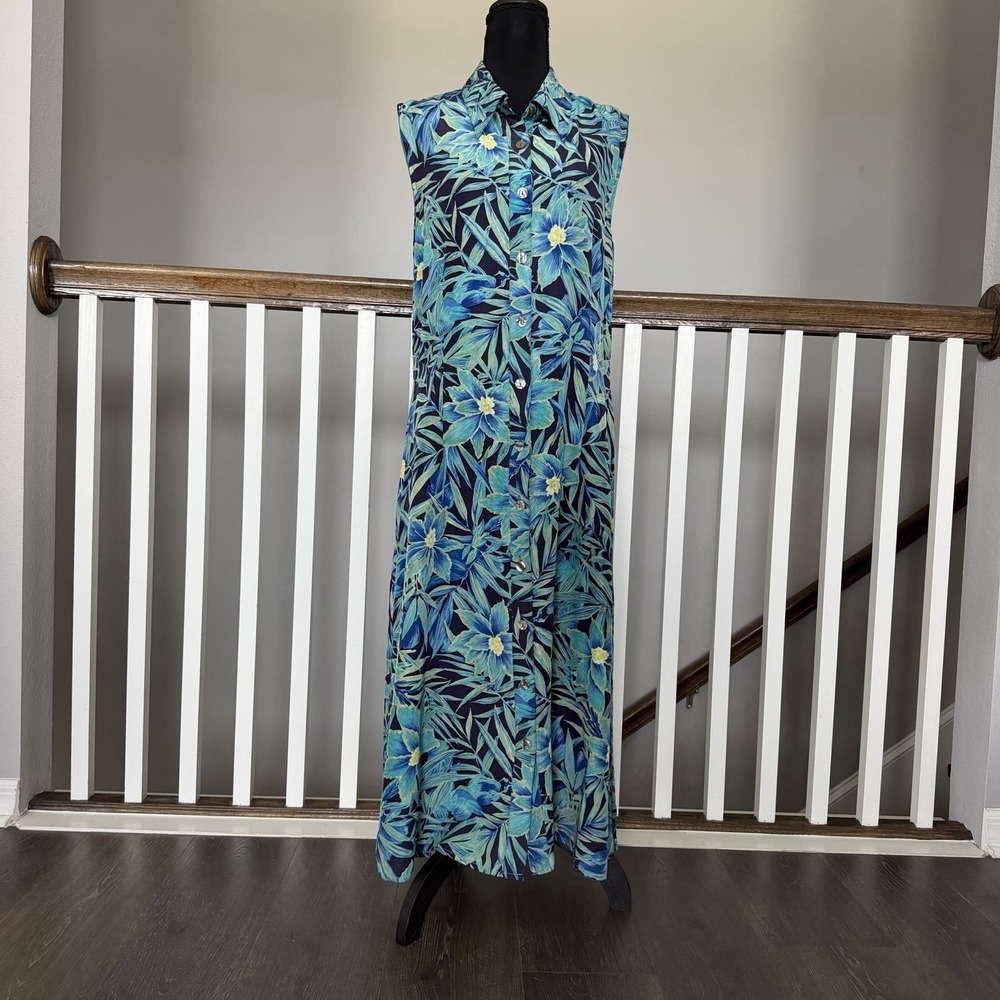 Embassy Row 100% Silk Dress Sz 14 Blue Tropical Floral Sleeveless Midi Resort